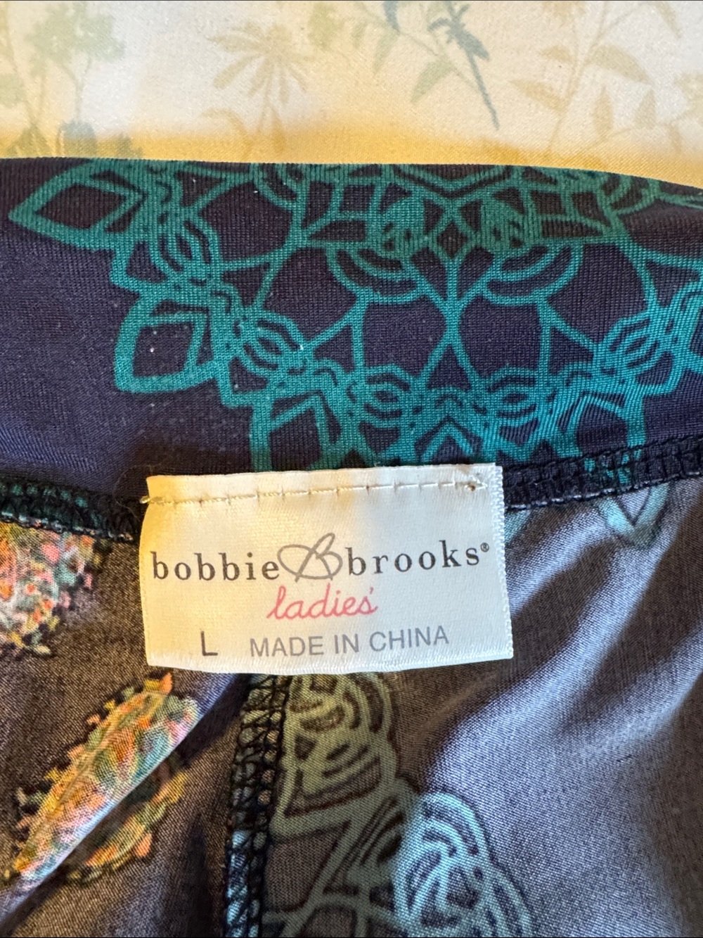 Bobbie Brooks Navy Wide Leg Pants with Teal & Coral Patchwork Print - Picture 5 of 6